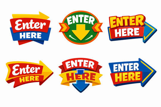 Enter here buttons and arrows collection for website navigation, user interface, or promotional event signage