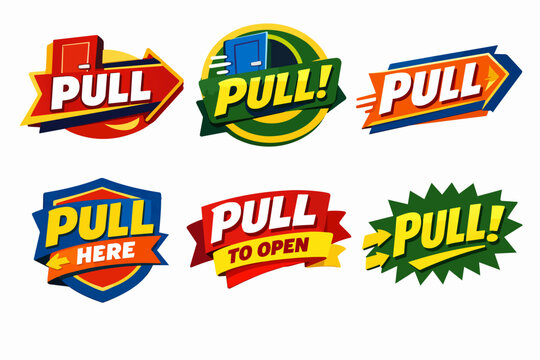 Labels and icons with pull, pull here, and pull to open messages, indicating door direction and action