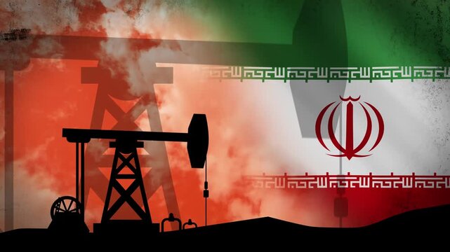 A drilling rig in an oil field. Against the background of the Iranian flag and fast clouds in orange. The concept of limiting oil prices. 4K