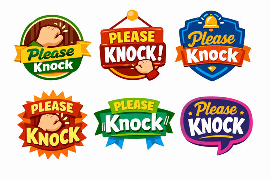 Please knock stickers collection, inviting visitors to announce arrival, respecting privacy and personal space concept