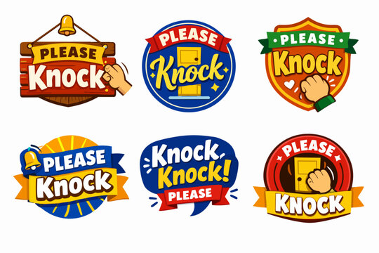 Collection of cartoon stickers with please knock text, indicating manners when approaching a closed door for privacy