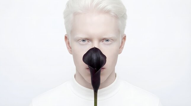 Minimalist portrait of albino man with dark flower on white background