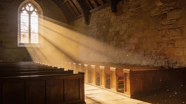 Soft sunlight spills into stone nave creating peaceful ambiance after service