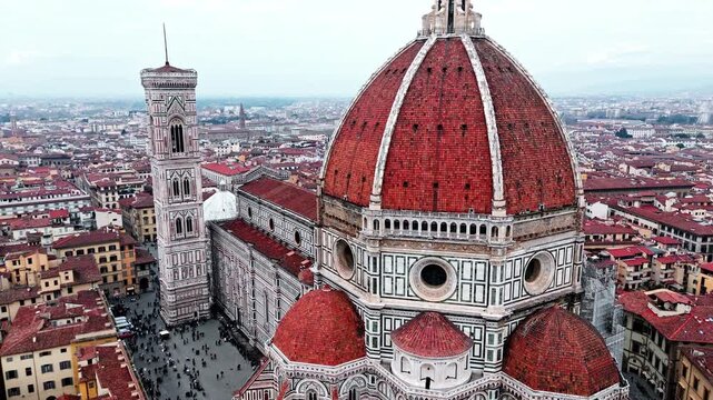 Aerial view of Florence Cathedral with iconic red dome, historic cityscape