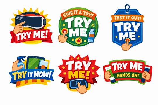 Sticker set offering various try me and test it out calls to action for product trials and experiential marketing