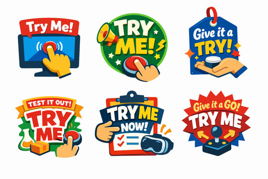 Try me badges and marketing sticker labels promoting product trials, customer engagement, and interactive testing