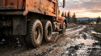 Fototapeta premium Heavy-duty dump truck on muddy rural road at sunset