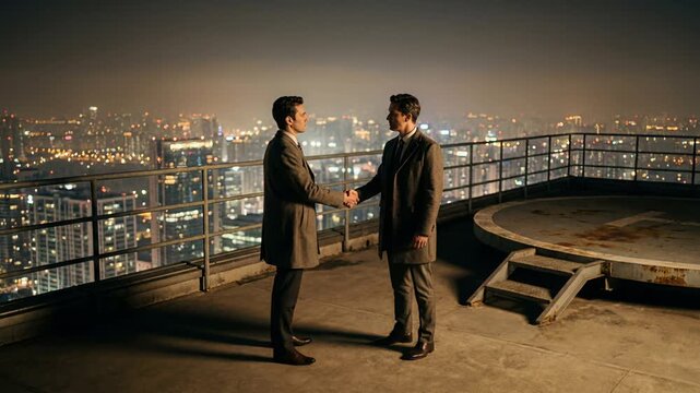 Senior managers from various firms assemble after sunset against cityscape