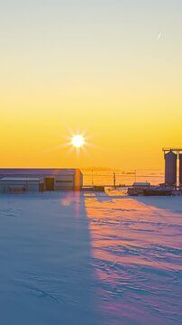 Flying backwards away from a large farm over a beautiful winter landscape during a beautiful, full sunset. Vertical shot.