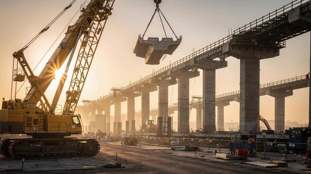 Heavy duty crane moves prefabricated units along elevated supports