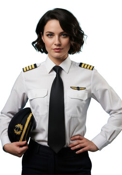 young caucasian woman, mid-twenties, airline captain in full uniform (four gold epaulets), holding pilot cap, posing confidently against vibrant turquoise background, concept of female leadership in