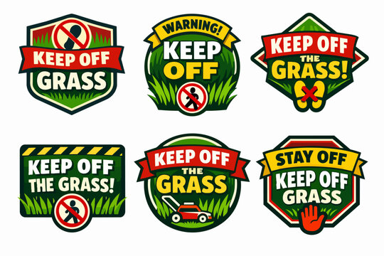 Keep off the grass signs collection promoting lawn protection and warning visitors about restricted areas