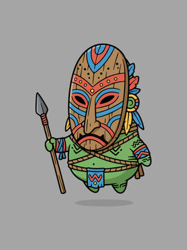 Adorable chibi-style tribal monster with a round floating body and no legs, gently hovering with a wooden spear held upright. Minimal flat vector illustration perfect for mascots and game assets.