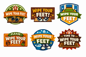 Naklejka premium Set of diverse vector labels and badges reminding visitors to wipe their feet, symbolizing good manners and keeping homes clean
