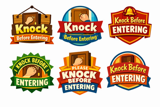 Knock before entering etiquette signs collection promoting privacy and respect, showing hands knocking on doors