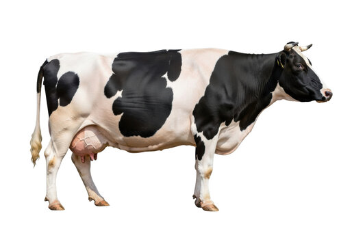 Magnificent mature holstein friesian cow, black and white coat, prominent pink udder, strong musculature, isolated in high-key studio photograph. Concept of commercial dairy production