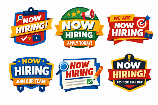 Now hiring badges with job vacancy and recruitment concepts for employment opportunity announcements