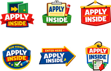 Obraz premium Vector illustration collection of vibrant apply inside signs indicating job vacancies, employment opportunities, and open positions