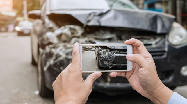 Person taking photo of damaged car with smartphone. Driver documenting vehicle accident for insurance claim. Safety, traffic collision, property damage and incident report concept.