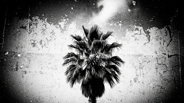 A black and white photo of a palm tree against a textured wall