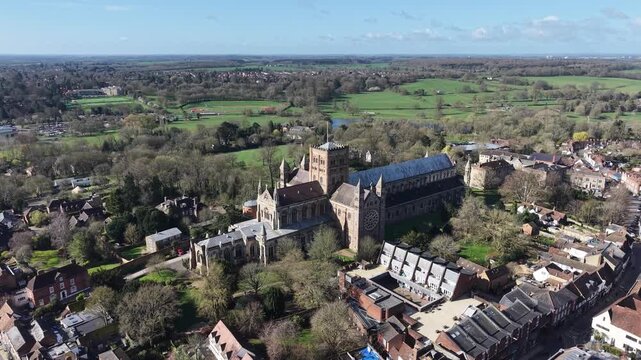 Panning Drone aerial view of St Albans Cathedral Hertfordshire UK