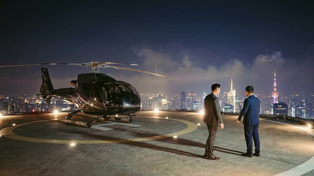 Skyline illuminated rooftop where financiers finalize urban deal