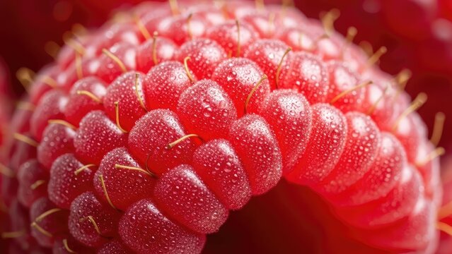 A close-up view of a fresh raspberry with dew drops