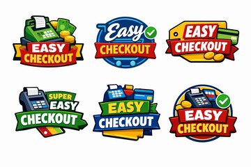 Naklejka premium Easy checkout badges set with cash registers, credit cards, coins, and shopping cart symbols for fast online or retail payments
