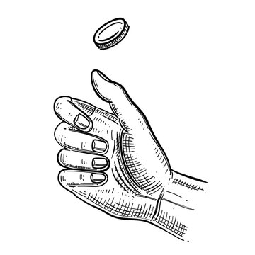 hand flipping coin heads or tails vector line art hand drawn illustration