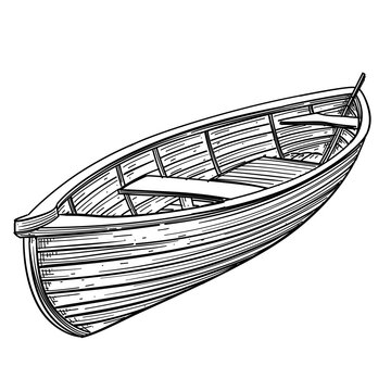 wooden rowing boat vessel vector line art hand drawn illustration