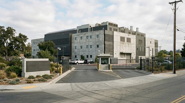 Modern High Security Industrial Building And Data Center With Gated Entrance And Surveillance Cameras