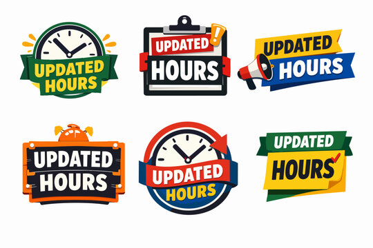 Updated hours icons and badges informing about revised opening and closing times for businesses and shops