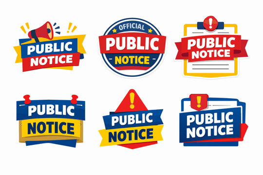 Public notice graphic assets collection displaying important official announcements and alert messages with icons