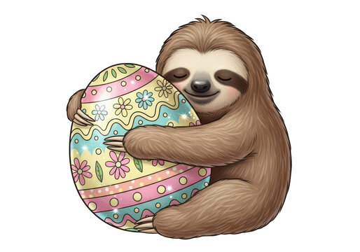 Adorable brown sloth with a happy, contented expression, lovingly hugging a large, intricately decorated Easter egg, isolated on transparent background, symbolizing spring joy and affection.