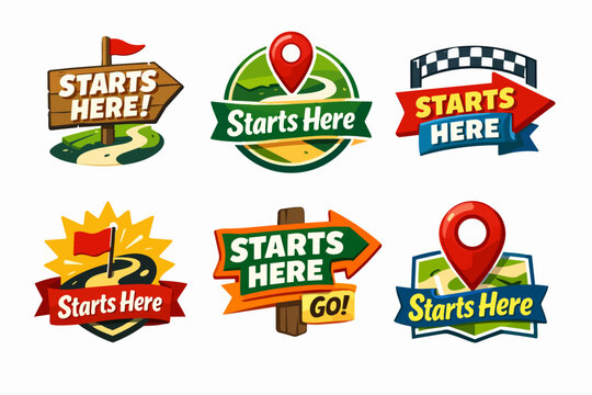Navigating starting points with various signage and location markers, indicating journey beginnings and new directions