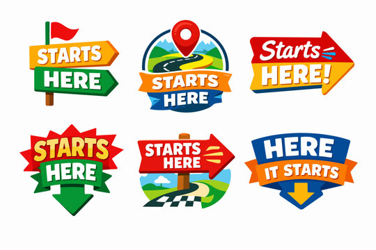 Colorful starts here signs collection pointing beginning locations and initial points with road and pin icons