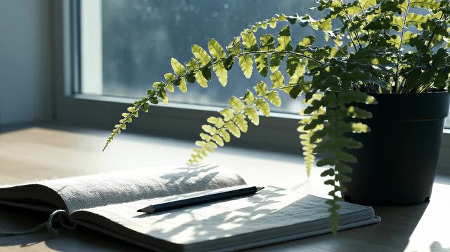 Open Notebook With Pencil and Potted Fern Plant by Window With Natural Light