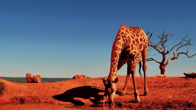A wild giraffe bends down awkwardly to drink from a watering hole.