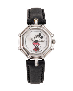 Gerald Genta quartz watch, Minnie model, reference G2851.7, steel case with mother-of-pearl Minnie dial. Milan, Italy, September 1, 2025.