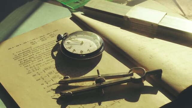 Cinematic pan across a vintage watch and measuring dividers on an old book of formulas. Ideal for history, science, and education themes.