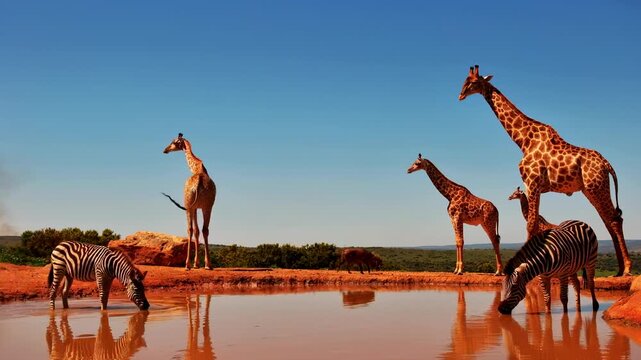 A beautiful scene of giraffes and zebras at a vibrant watering hole.