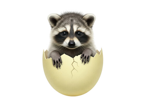 A cute young raccoon mammal with brown fur stands as an isolated wild animal on a white background
