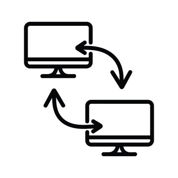 Vector showing two computer monitors with arrows indicating data transfer or syncing