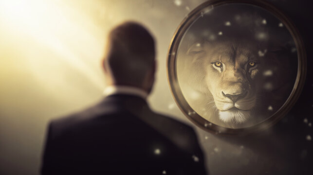 Businessman identifying inner strength, seeing powerful lion reflection in round mirror, uncovering true self and potential
