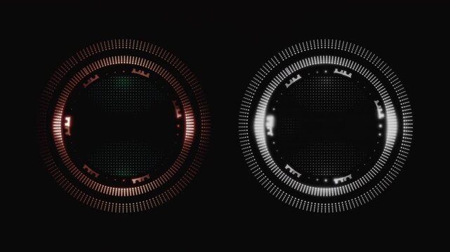 Circular futuristic HUD interface elements displayed in colored and white versions. Useful for motion design assets, technology graphics and UI animation projects.