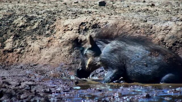 A wild warthog wallows in a muddy hole to cool down in the African bush.