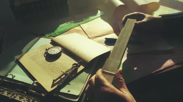 Sunlit desktop view of hands inspecting an old slide rule among maps and documents. Ideal for navigation, engineering, and cartography themes.