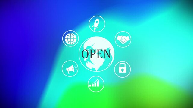 Open source global business concept featuring a digital earth globe surrounded by including handshake security lock