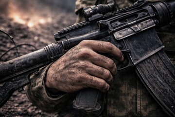 Fototapeta premium Cinematic close-up of a soldier's dirty, grimy hand gripping an assault rifle with an optic sight. A blurred battlefield background with smoke and fire hints at intense action. A gritty, realistic rep