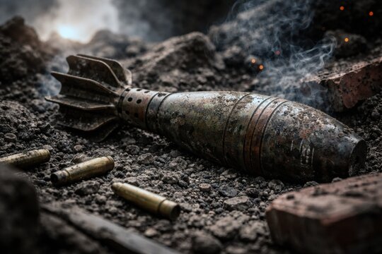 Cinematic close-up of an unexploded mortar shell lying on dark, rocky ground amid war rubble. Smouldering smoke and fire embers are visible in the background, with scattered bullet casings in the fore